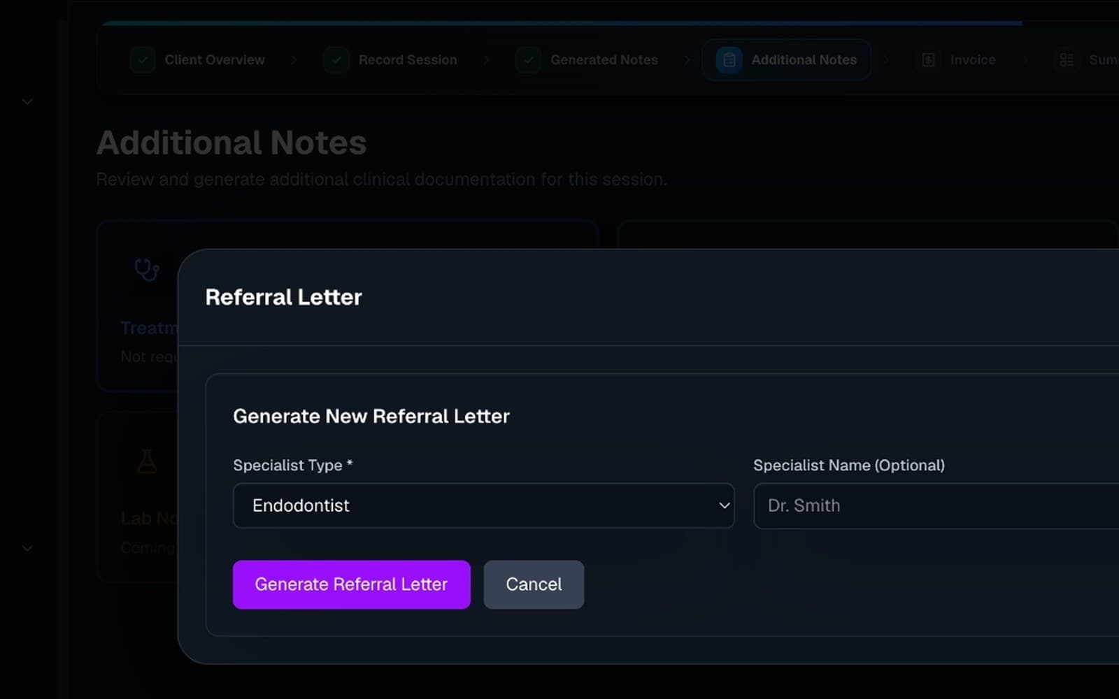 Referral letter modal with specialist type dropdown and optional specialist name field, ready to generate