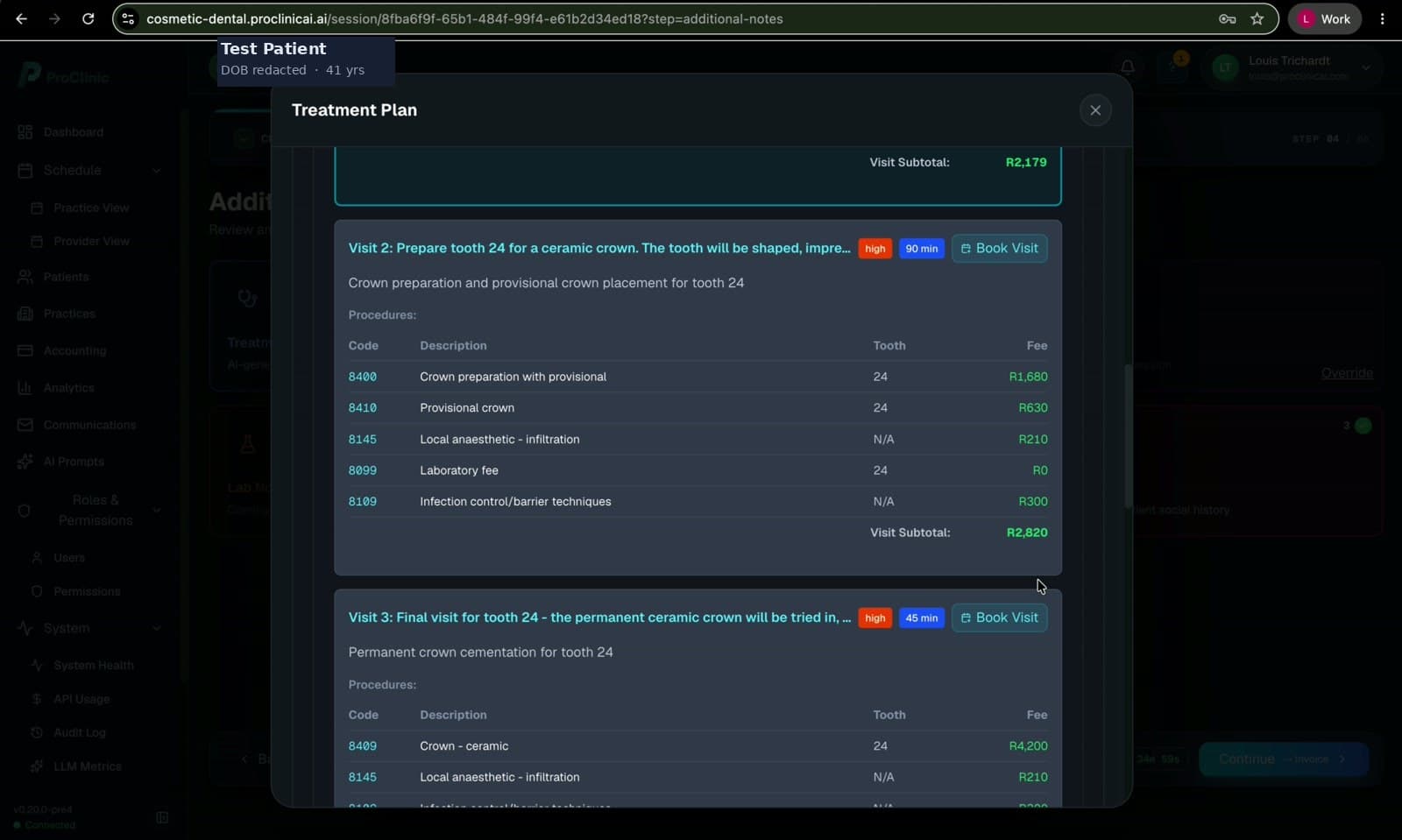 Treatment plan showing itemised SADA-coded procedures with amounts in ZAR