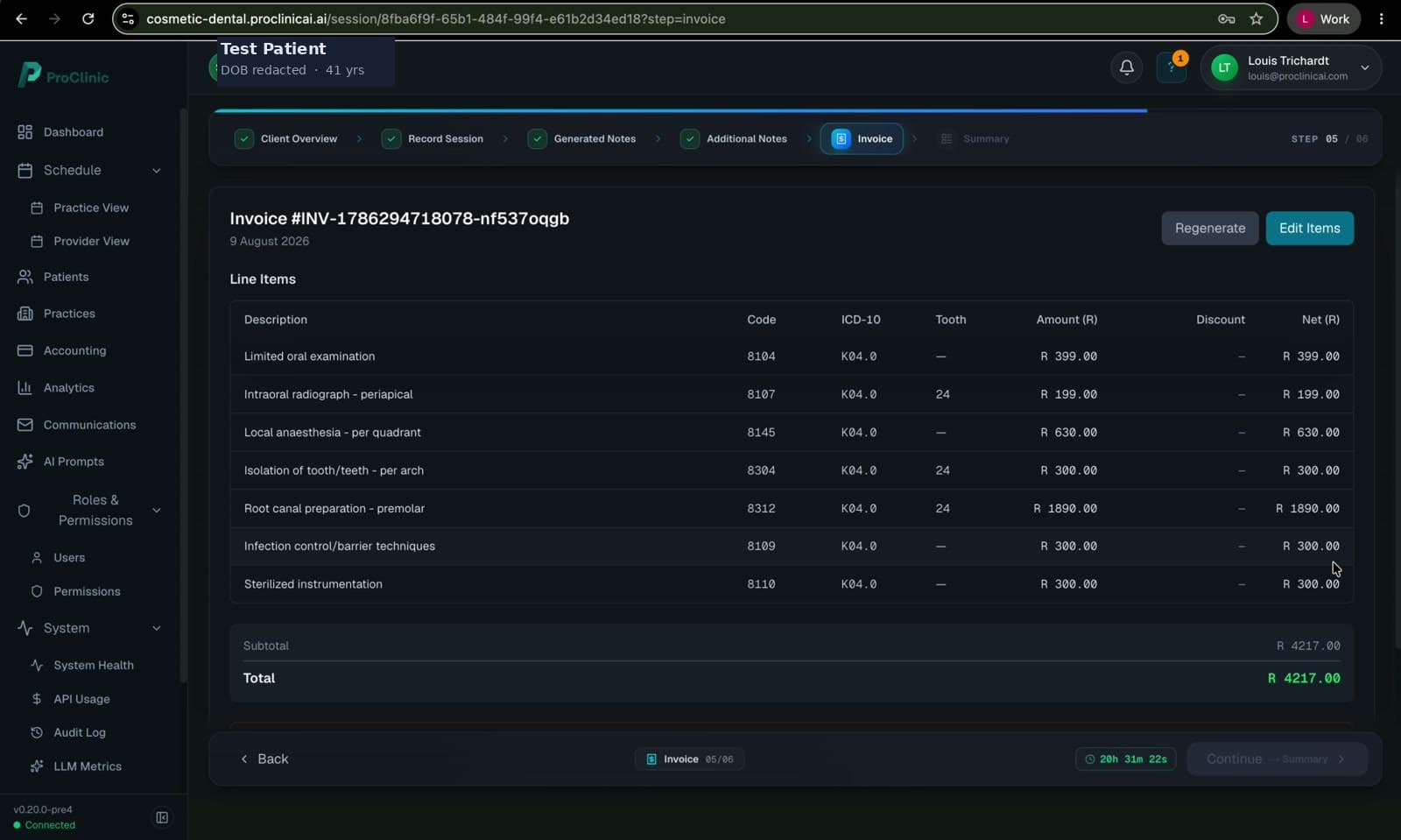 Invoice built from approved SADA codes, ready for claim submission