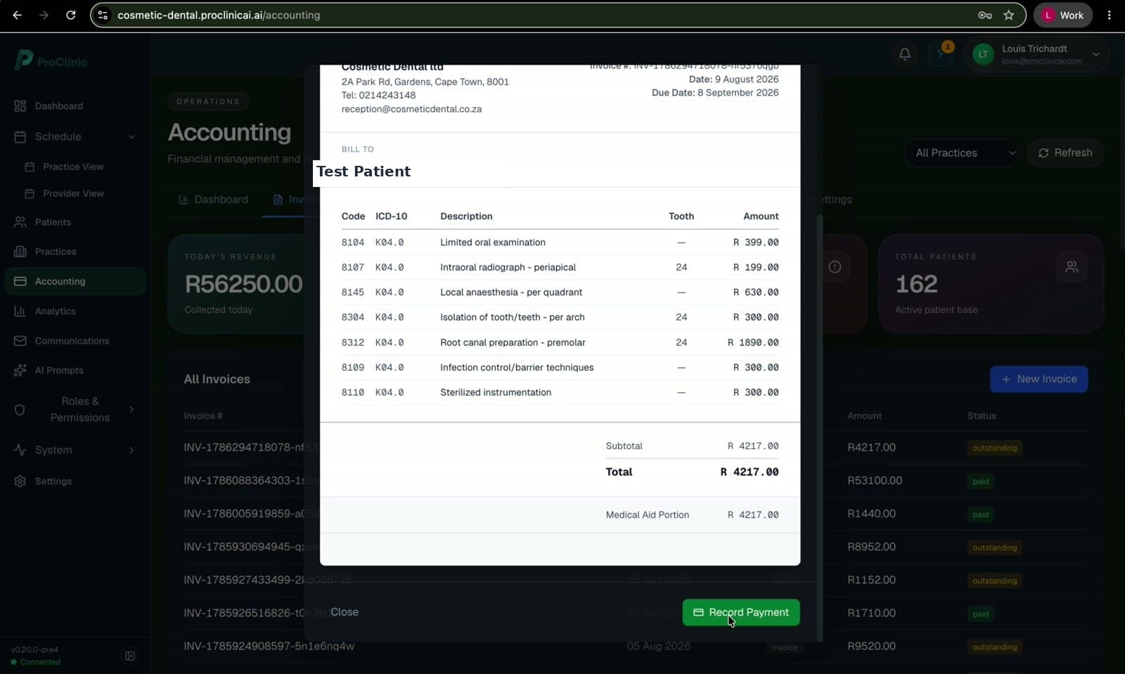 Financial dashboard showing claim status and reconciliation