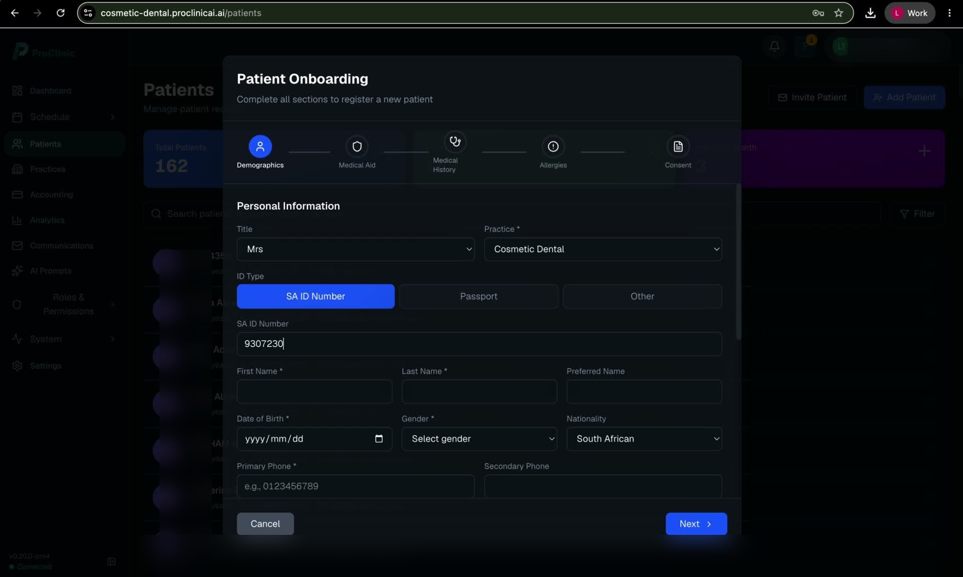 ProClinic step 02 — Patient onboarding