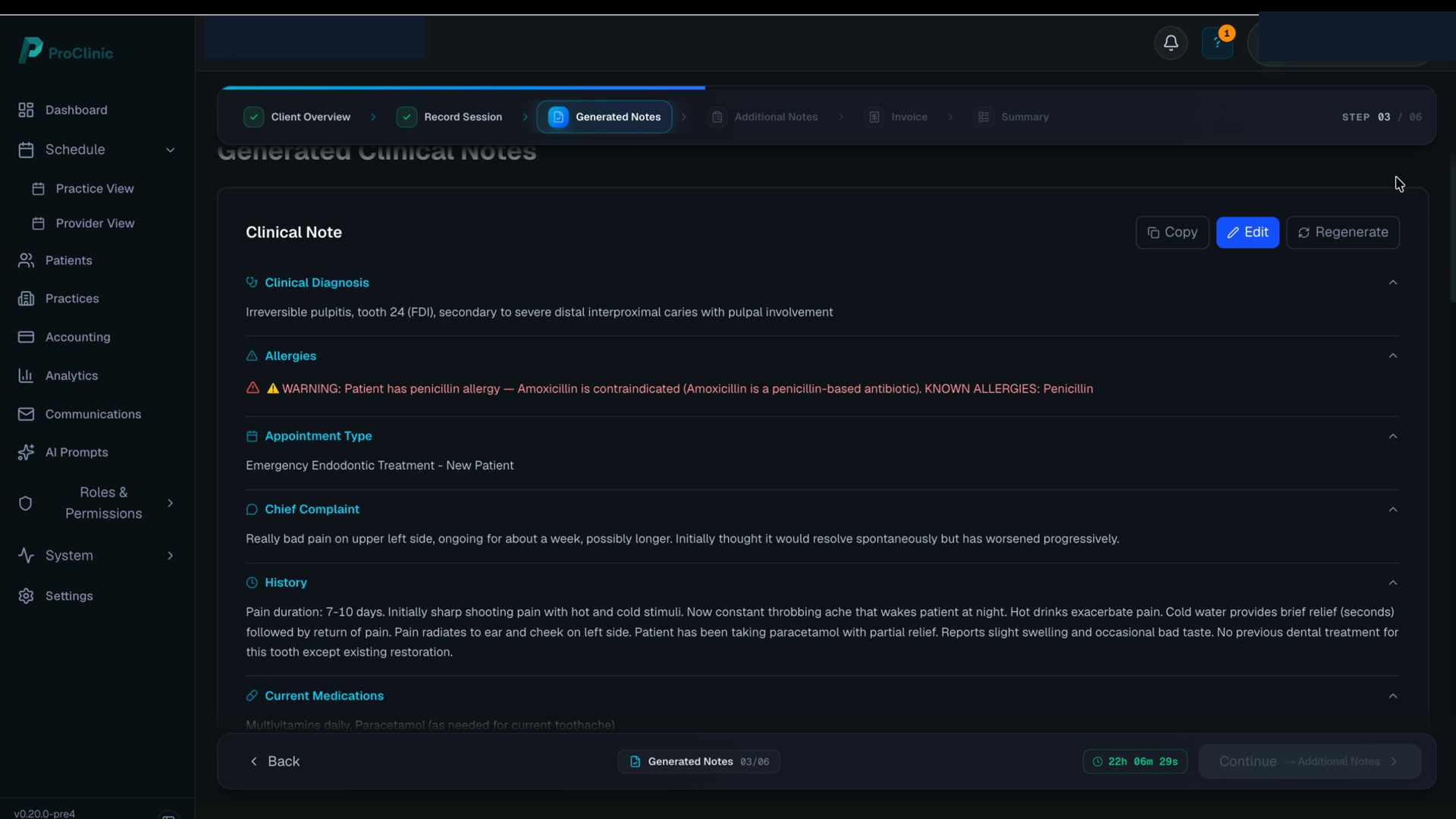 ProClinic step 05 — Clinical note generated